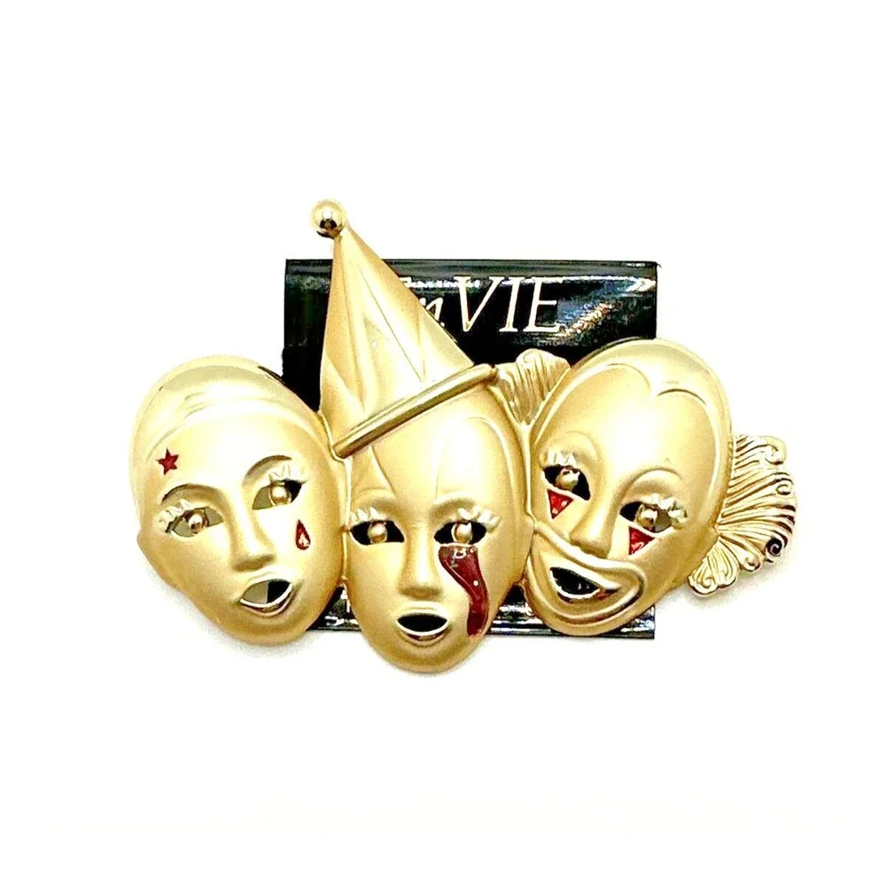 NWT Vintage EnVIE Circus Clowns Brooch 1980s Satin Gold Tone NOS Statement 3.5”